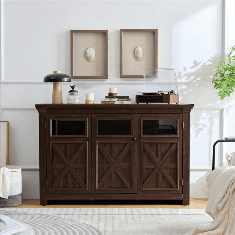 53 Accent Storage Cabinet Modern Wood Large Sideboard Cabinet with 3 Doors Wine Cabinet for Dining Room Living Room Bedroom Entryway Bar