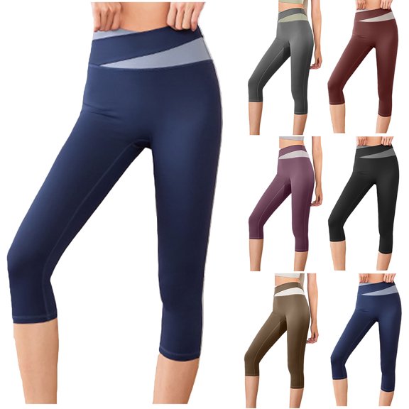 safuny Women's Slim Yoga Capris Legging Athletic Fashion Color Block Holiday Casual Workout Running Cycling Trousers High Waisted Comfy Stretch Pants Teen Girls Black L