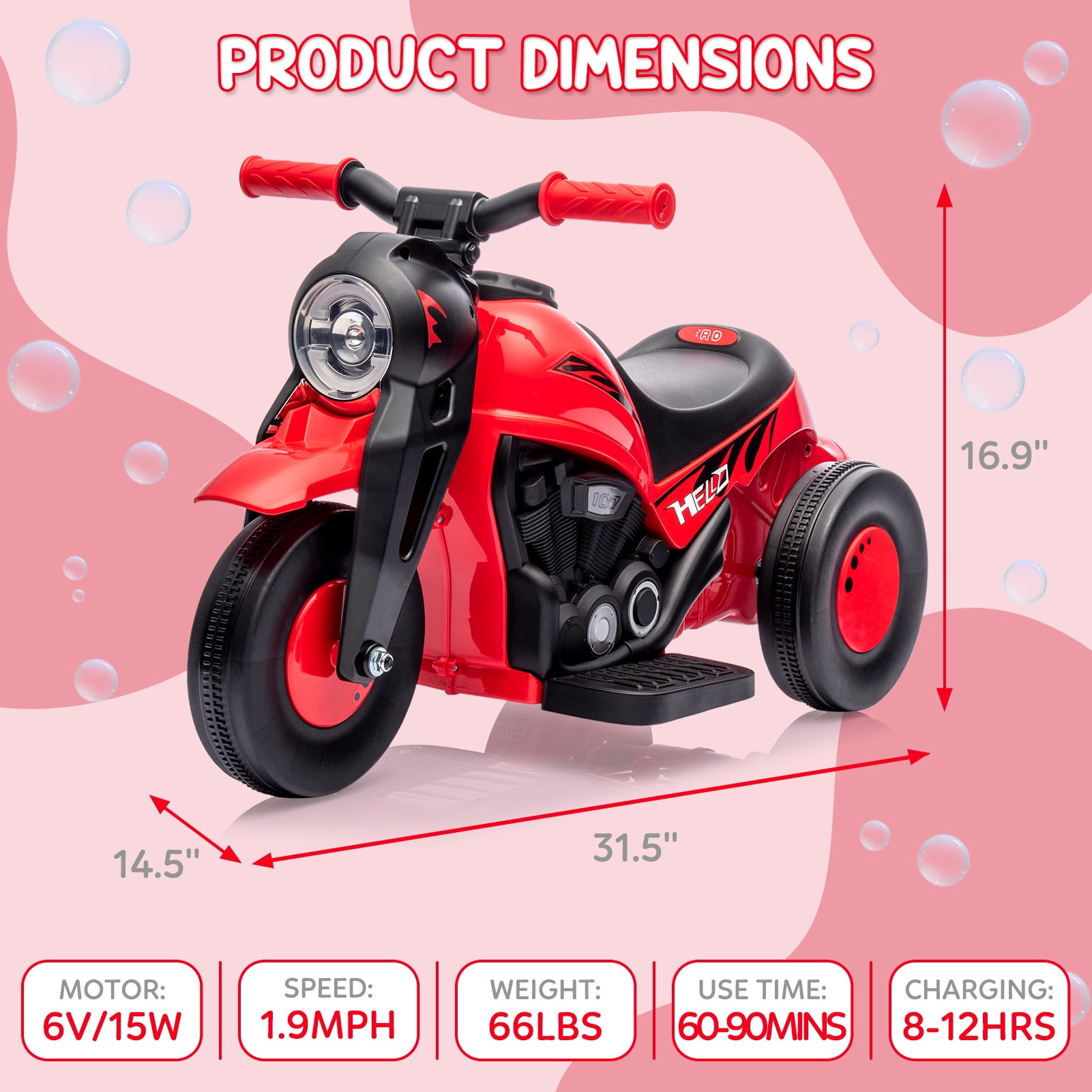 EastVita Kids Motorcycle with Bubble Function 6V Battery Powered Ride on Motorbike Toy 3 Wheels Electric Car for Kids 3+ Boys Girls Red