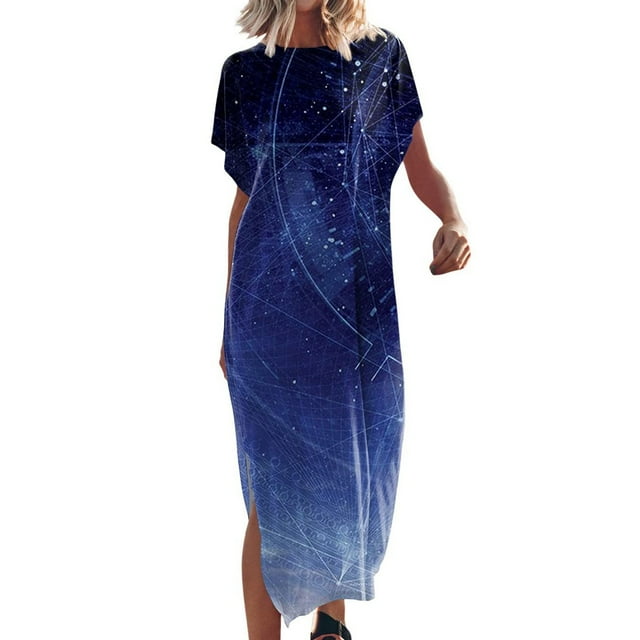 SMihono Robe Maxi Bohème d'Été pour Femmes Grande Taille Robe Maxi pour Femmes Vacances à la Plage Décontractée Robe Longue Ample Manches Courtes Robes d'Été avec Fente Robe de Plage
