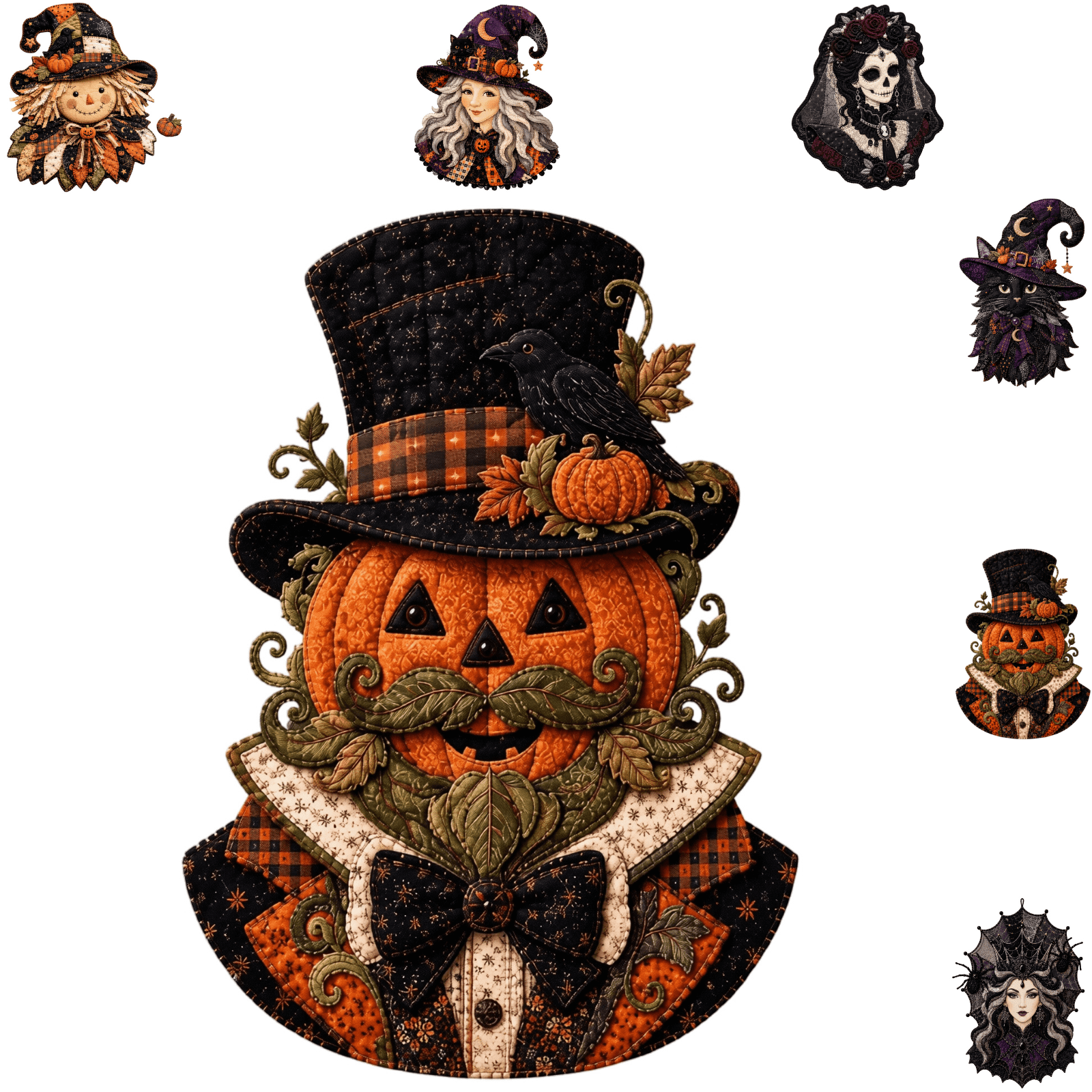 Halloween Patchwork Quilting Fabric Kit Halloween Decorations Indoor Halloween Character Patchwork DIY Kit Vintage Patch‑Stitch Fabric Panel Sewing Kit for Intermediate Beginner Hobbyists-D