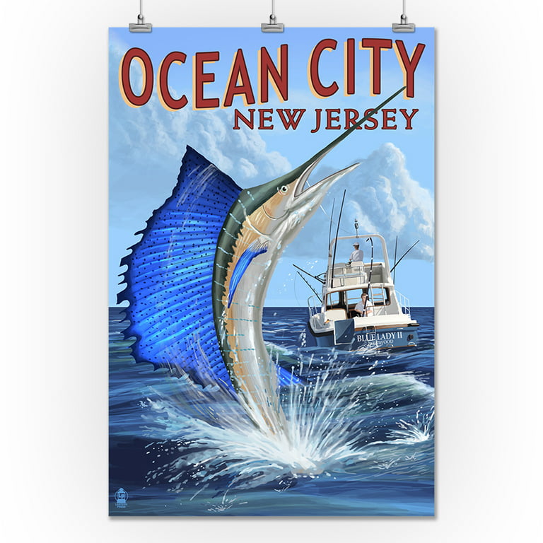 Ocean City, New Jersey - Sailfish Deep Sea Fishing - Lantern Press Poster  (24x36 Giclee Gallery Print, Wall Decor Travel Poster)