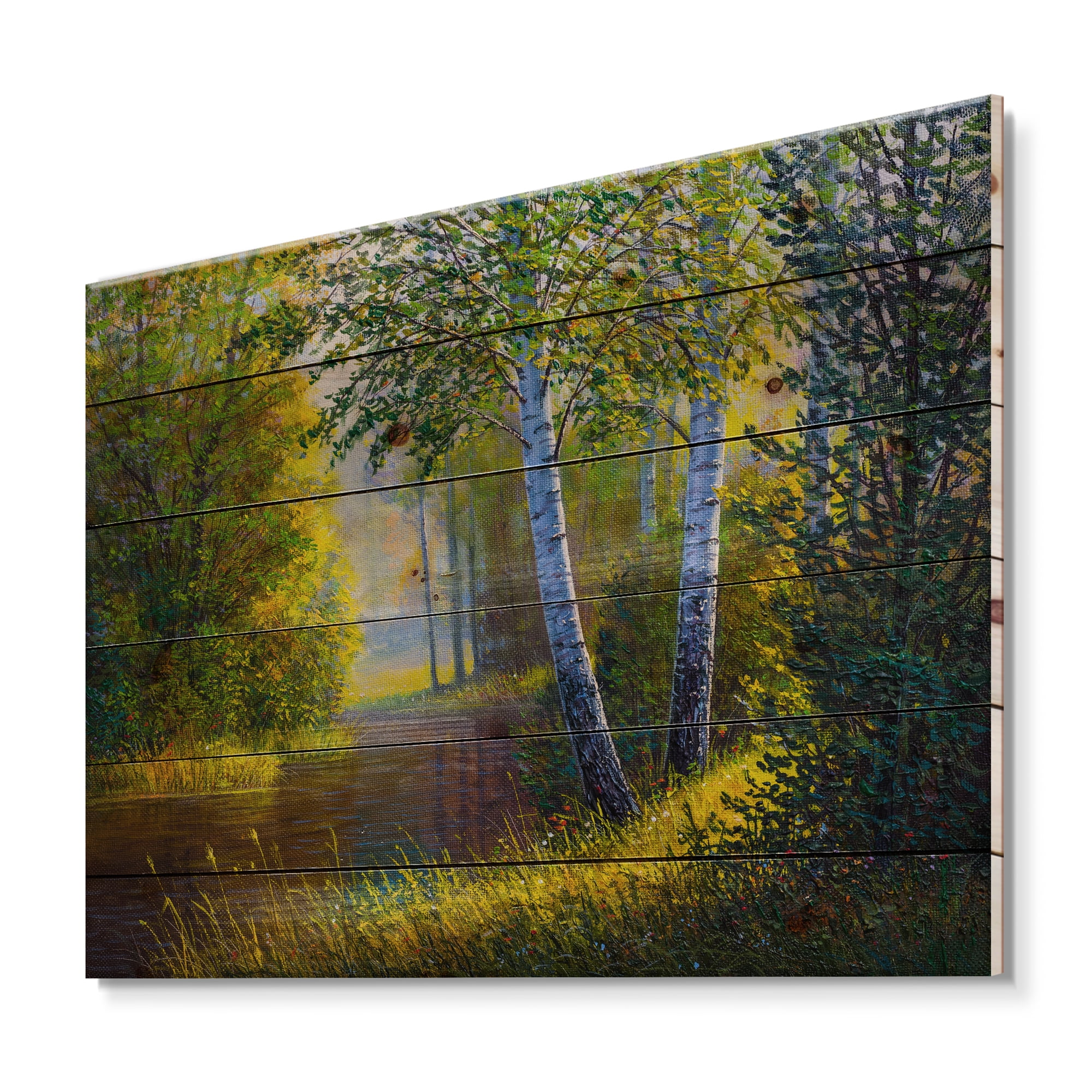 Designart 'Sunrise Glow Through The Birches II' Lake House Print on Natural Pine Wood