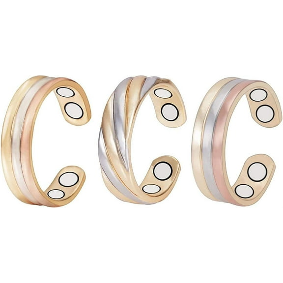 Tri Tone Magnetic Copper Rings Sets for Women, Set of 3, Gift for Mom Wife, Jewelry for Ladies, Adjustable Size