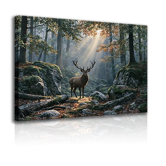 Majestic forest deer canvas wall art frame, mysterious forest poster, natural style, wildlife home decor.