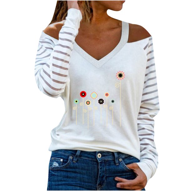 Camiseta de manga larga con cuello en V para mujer a la moda, blusa holgada con hombros descubiertos y estampado de otoño Fridja fksj2925