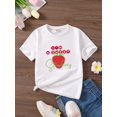 thumbnail image 1 of Kids Summer Casual T-Shirt, 100% Polyester Crew Neck Loose Fit Tee with Slight Stretch, Breathable Knit Fabric, Fruit & Vegetable Print, Strawberry Graphic Top for Girls, 1 of 6