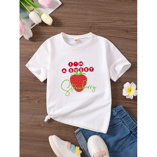 Kids Summer Casual T-Shirt, 100% Polyester Crew Neck Loose Fit Tee with Slight Stretch, Breathable Knit Fabric, Fruit & Vegetable Print, Strawberry Graphic Top for Girls