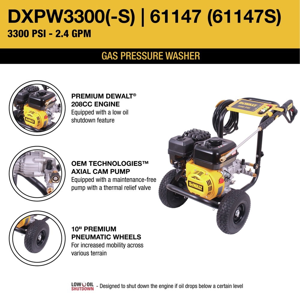 DeWalt 208cc Engine 3300 PSI 2.4 GPM Axial Cam Pump Gas Pressure Washer