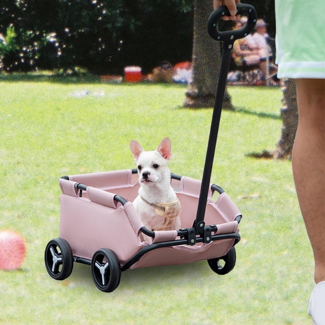 Carrito para mascotas, cochecito para perros, fácil de plegar para almacenamiento, cochecito para perros con ruedas para perros pequeños y medianos al rosa