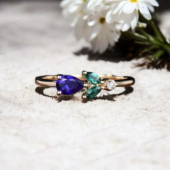 JEWELRYTREASURE 7x5 mm / 0.25 Ct Pear Cut Blue Sapphire Engagement Ring Yellow Gold Plated Ring Cluster Emerald CZ Diamond Ring Dainty Promise Jewelry Birthday Gift for Her