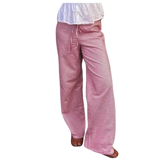 SGMVNU Womens Striped Ribbed Wide Leg Pants Casual Drawstring Elastic Waist Baggy Sweatpants Palazzo Lounge Pants Yoga Trousers Size M Red-a