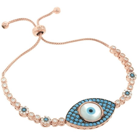 Pori Jewelers CZ 18kt Rose Gold-Plated Sterling Silver Turquoise Evil Eye Friendship Bolo Adjustable Bracelet