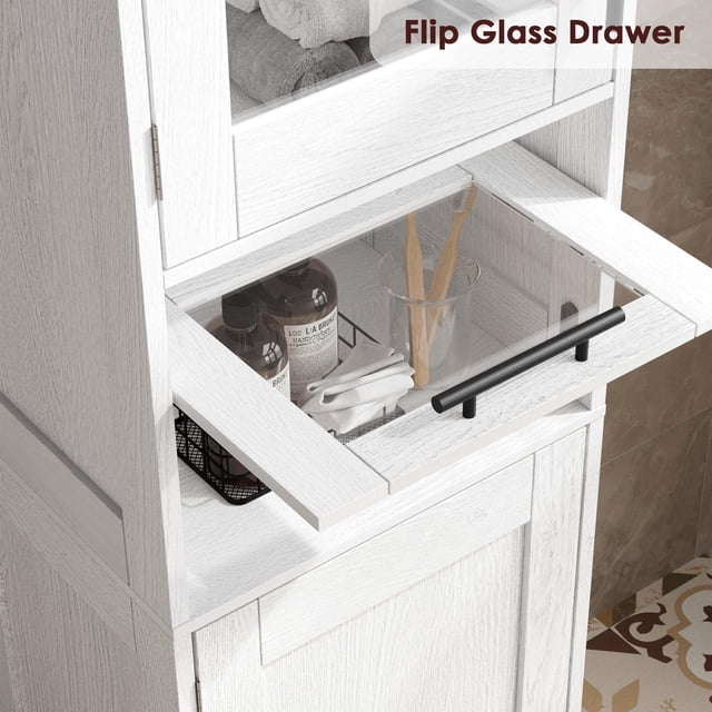 Mueble de Almacenamiento para Baño de 170 cm - Gabinete Alto con Puertas de Cristal y Repisas Regulables - Diseño Compacto para Espacios Reducidos en Baño, Cocina o Recibidor - Roble Oscuro