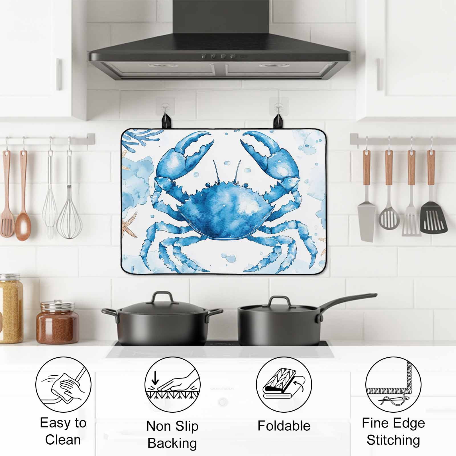 Coastal Crab Stove Top Cover for Electric Stove, Heat-proof & Non Slip Glass Top Stove Cover Protector, Summer Beach Starfish Coral Nautical Kitchen Flat Cooktop Rubber Mat 24x21 Inches