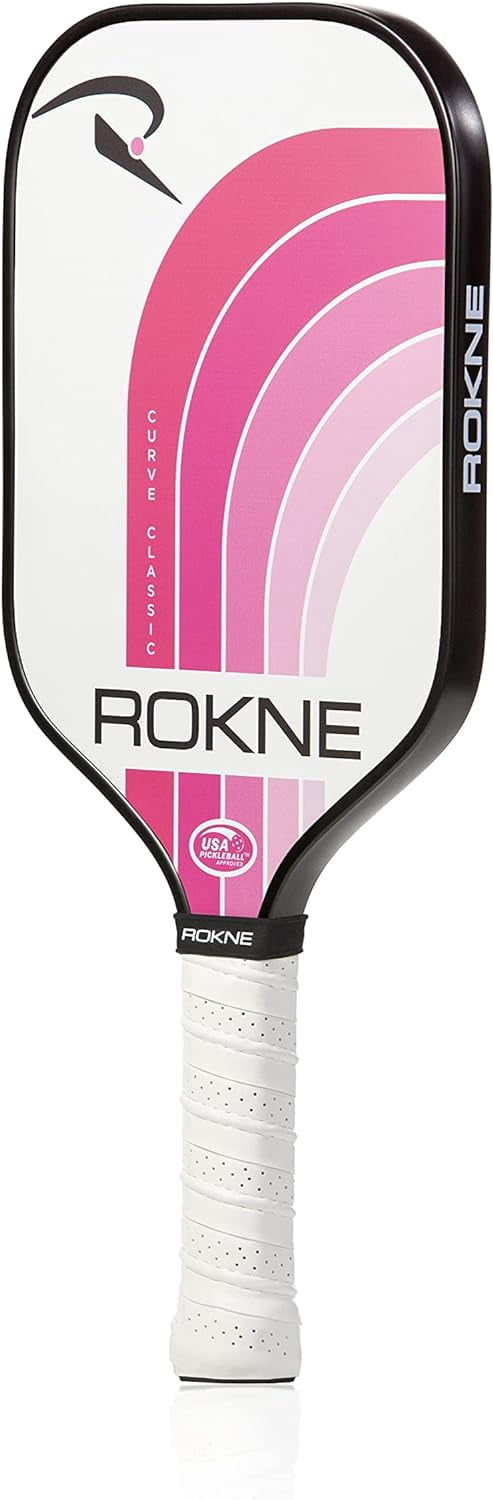 Rokne Curve Classic Fiberglass Pickleball Paddle Long Handle Racket with Comfortable Grip,Bubblegum