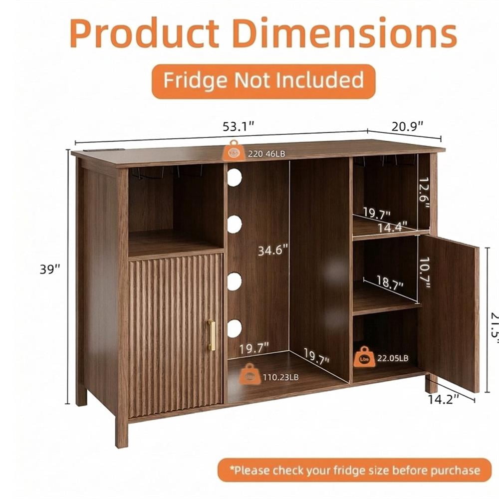 53" Brown Engineered Wood Coffee Bar Cabinet with Mini Fridge Space & Power