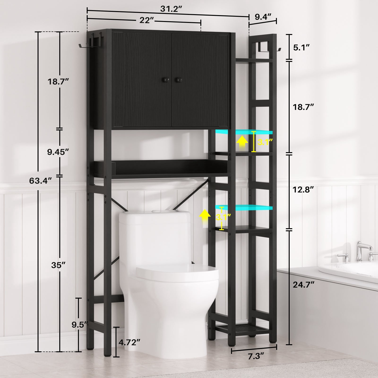 Over The Toilet Storage Cabinet with Doors, Homieasy 7 Tier Bathroom Organizer with Adjustable Shelf and 4 Hooks, Space Saving Rack for Bathroom, Restroom, Laundry