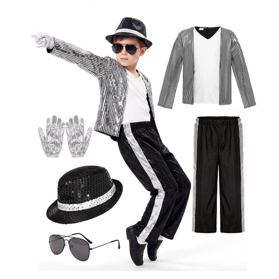 Pop Star Halloween Costume Set, Black Sequin Jacket, Trousers, Hat, Gloves and Glasses,80s Retro Stage Outfit, 5 Piece