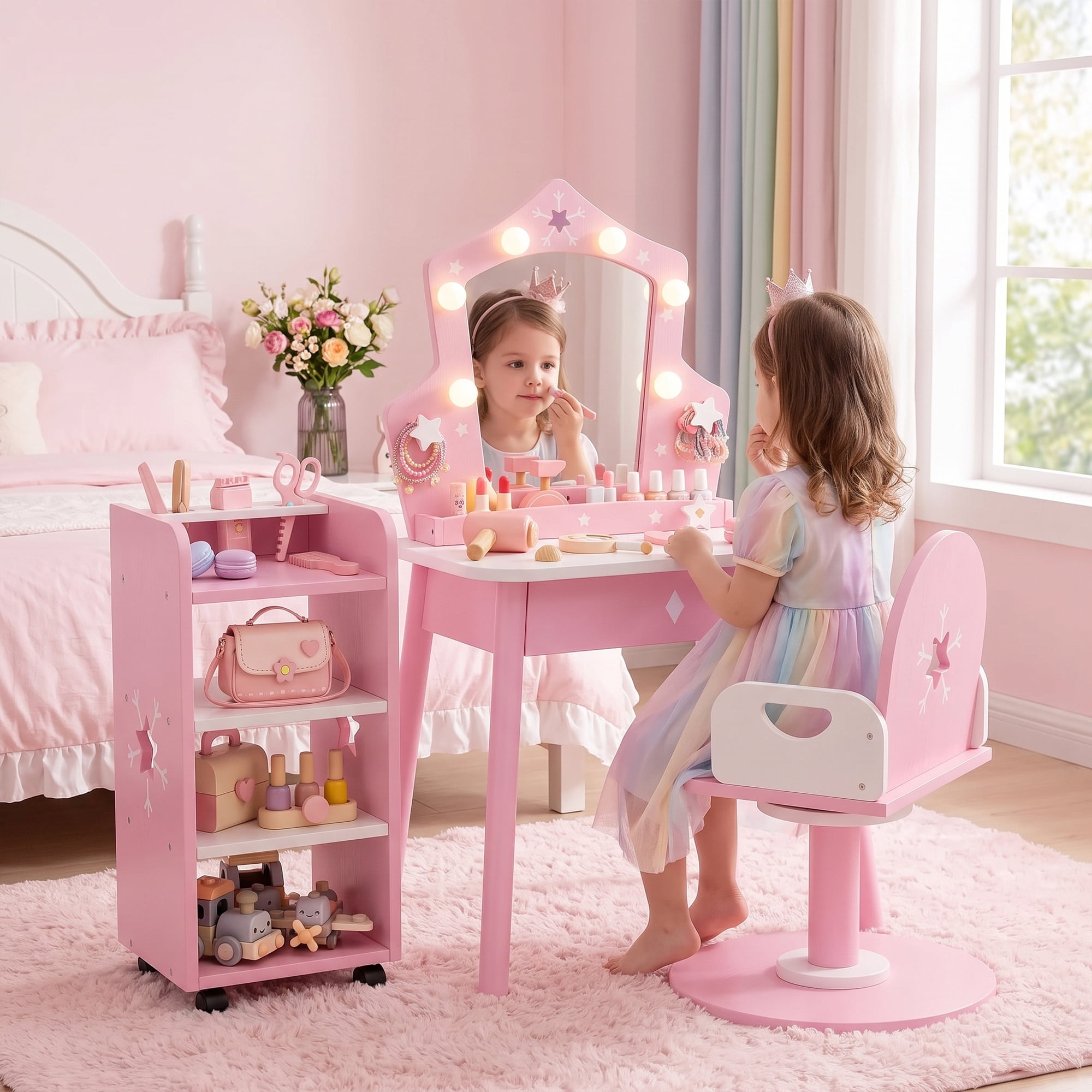 Guqiart Kids Vanity Set with Lights & 360° Swivel Barber Chair, Snowflake Design Wooden Kids Pretend Play Makeup Dressing Table with Rolling Storage Shelf & 7 PCS Salon Accessories, Pink