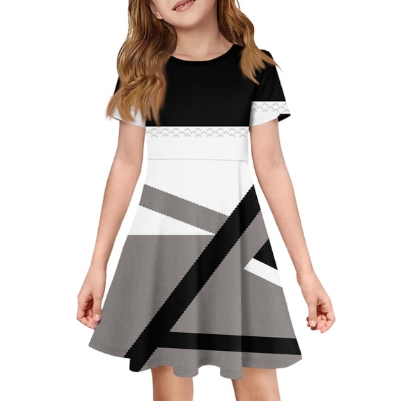 CCRFTGI Dresses for Children Girls Size 8 Casual Short Sleeve Summer A Line Skater Dress Cute Color block Dresses Holiday Girls Fashion Dark Gray 3-4 Years