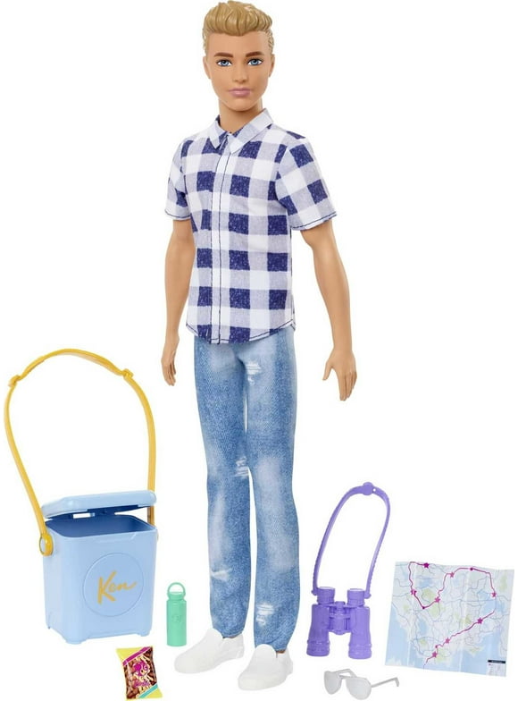 Barbie It Takes Two Ken Doll & Camping Accessories, Blonde Doll with Blue Eyes Wearing Plaid Shirt