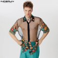 thumbnail image 5 of INCERUN Tops 2024 estilo americano para hombre, camisas de malla con perspectiva sexy y flores, ropa de club a la moda, blusa fina de manga corta para hombre S-3XL, 5 of 5