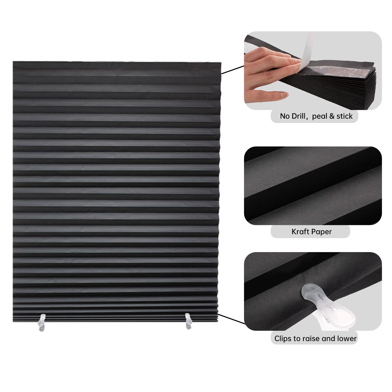 6-pack Temporary Blackout Paper Blinds For Window  Cut To Size Adhesive Shades Stick On Pleated No Drill Easy Install 24" W X 72" H Black