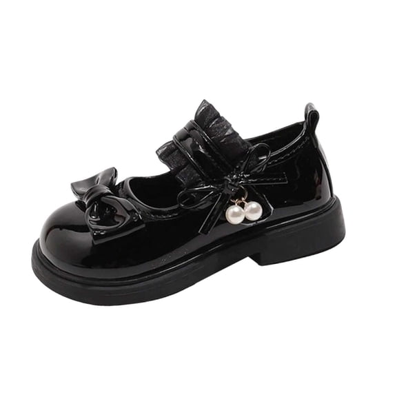 ZToonmas Girls Ruffle Strap Patent Leather Mary Jane Shoes Bow Pearl Decor Flat Dress Loafers Soft Non-Slip Rubber Sole Casual Shoes for Kids School Outdoor Wear