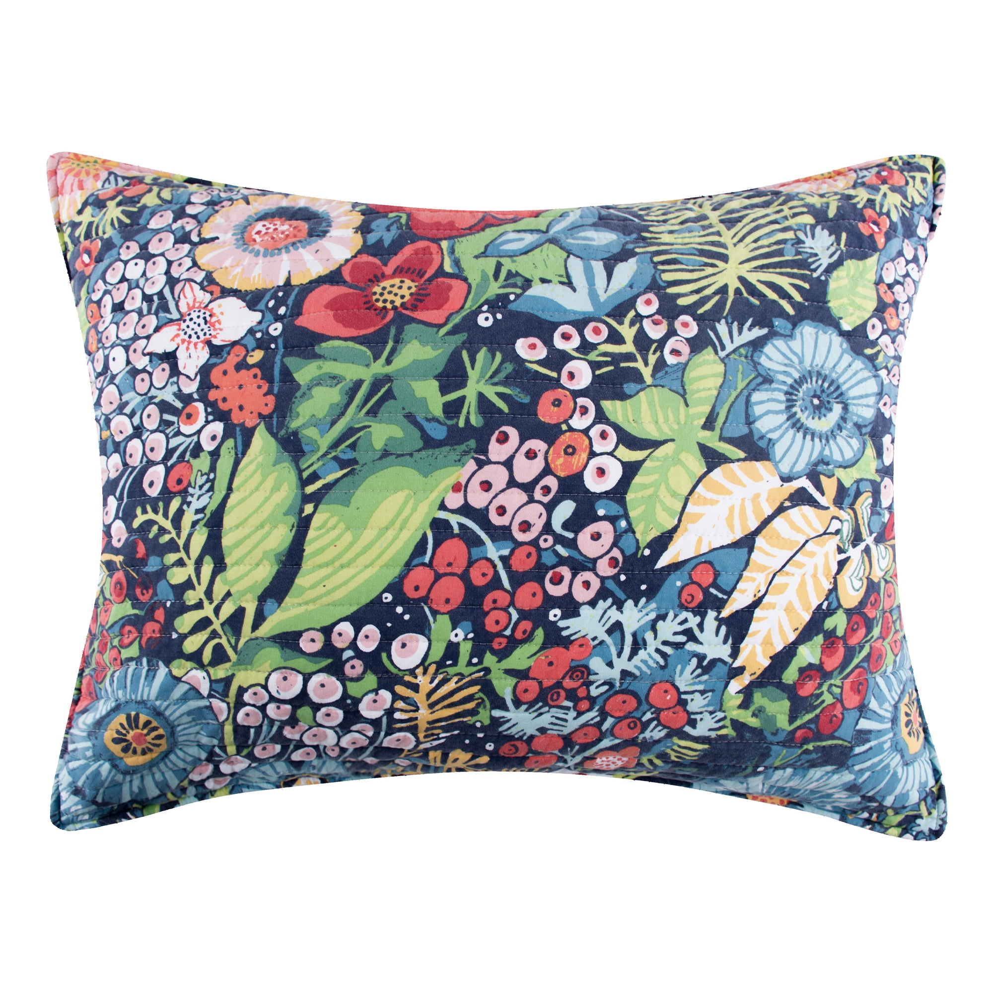 Levtex Home - Night Garden Quilt Set - Full/Queen Quilt and Two Standard Shams - Bold Floral - Navy Red Pink Green Ochre White - Quilt (88x92in.) and Shams (20x26in.) - Reversible - Rayon/Cotton