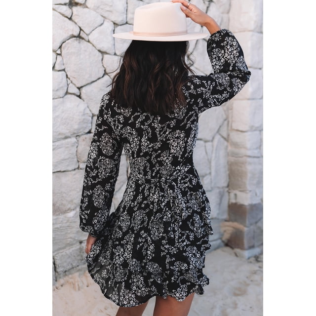 ABPHQTO Vestido corto con estampado floral y dobladillo con volantes de doble capa con cuello en V y mangas holgadas para mujer en color negro