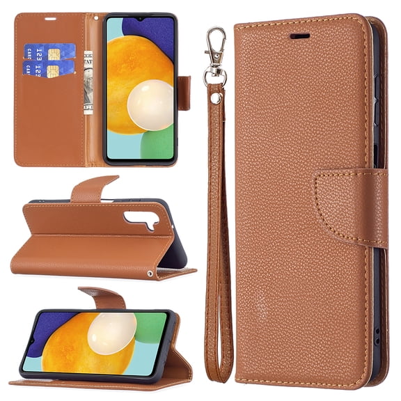 Feishell Phone Case for Samsung Galaxy A25 5G, Lychee Texture Plain PU Leather Magnetic Clasp Folio Flip Kickstand Wallet Phone Case with Card Slots & Wrist Strap, Brown