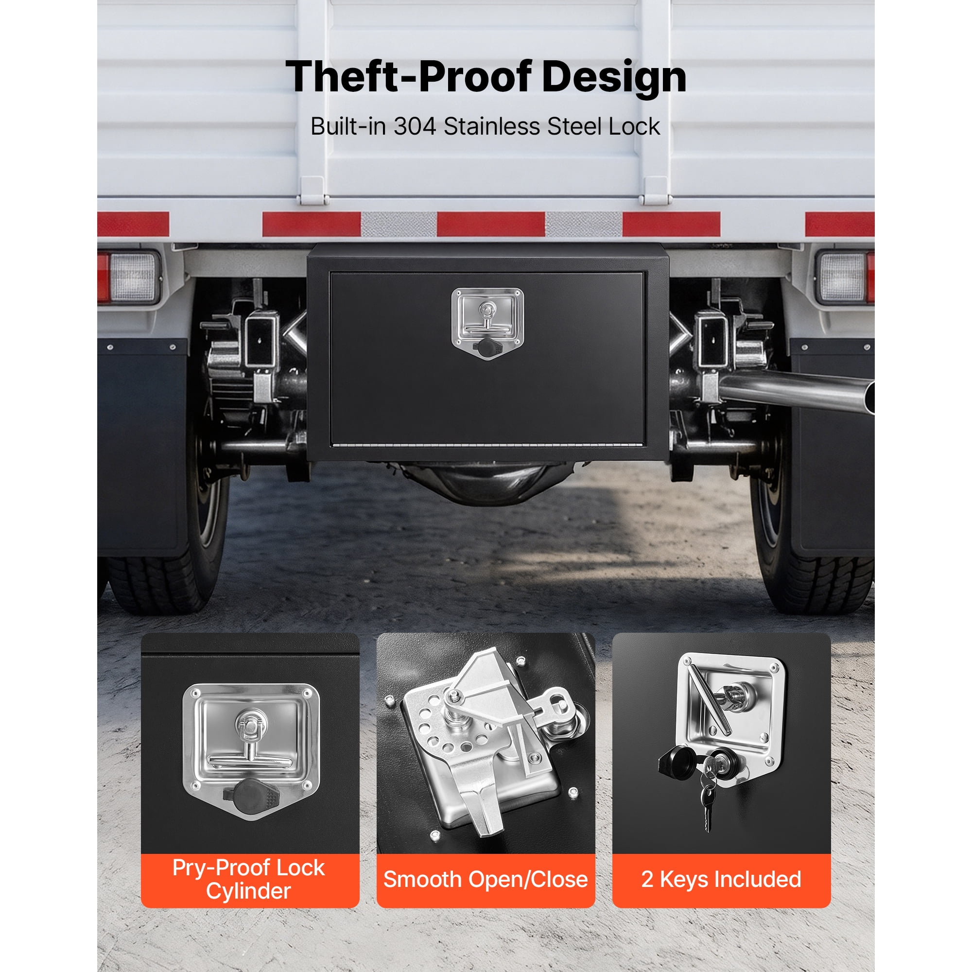 KFFKFF 24 x 12 x 14 Inch Steel Underbody Truck Tool Box, Heavy-Duty Trailer Storage Chest with Lock & Keys, Waterproof Organizer with T-Handle for Trucks, Vans, SUVs, Black
