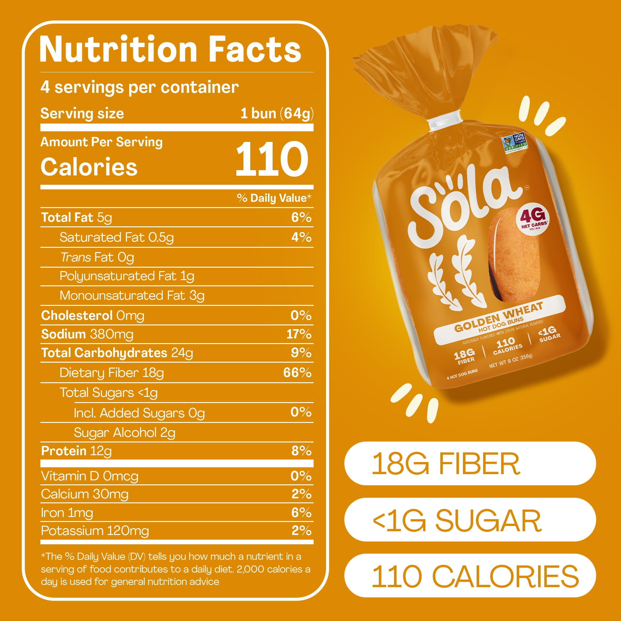 Sola Golden Wheat Hot Dog Buns, Non-GMO, 9 oz, 4 Count
