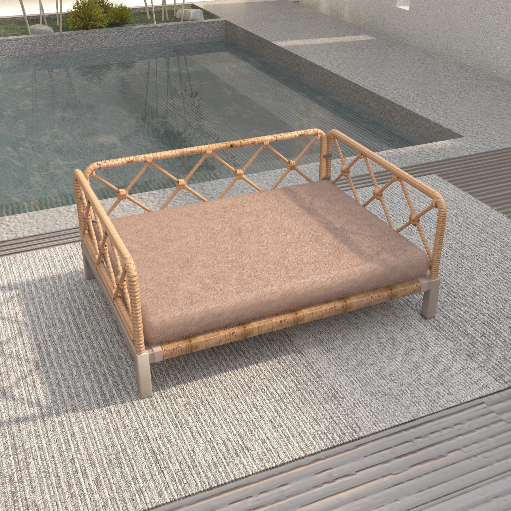 Wallowsun Dual Purpose Wicker Dog Bed with 2'' Cushion,Rattan Dog Sofa Bed for Small Medium Dogs– Indoor/Outdoor Metal Frame Pet Bed up 66lbs (Brown Rattan Brown Cushion)