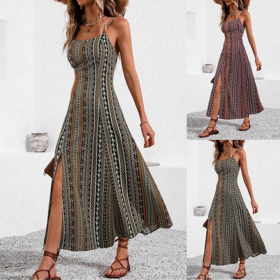 Umbreon Summer Dresses for Women Sleeve Less Cre W Neck Spaghetti Strap Midi Dress Split Printed Casual Versatile Beach Vacation Long Dresses