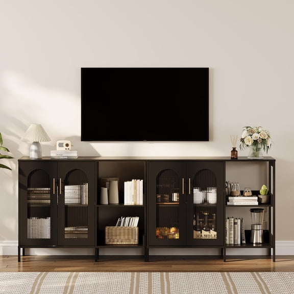 TROPOW Modern Sideboard Buffet Cabinet with Wooden Frame, Tempered Glass Doors, Adjustable Shelves, and Elegant Gold Metal Handles, Multi-Functional Storage for Living Room,Black