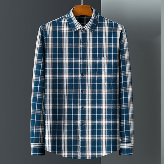HAOTAGS Flannel Shirts for Men, Casual Plaid Button Down Shirt Long Sleeve Cotton Shirt Work Shirts with Pockets Navy 38