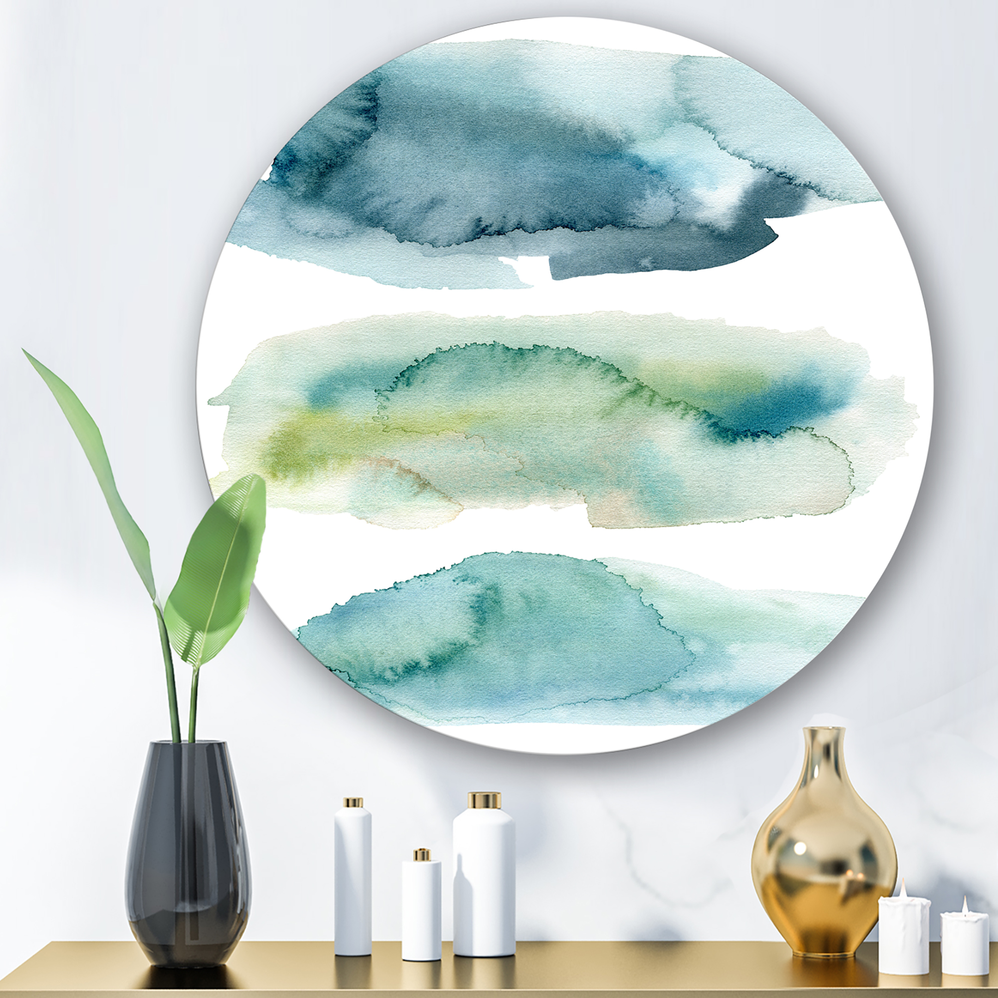 Designart 'Green and Blue Clouds' Modern Circle Metal Wall Art 23x23 - Disc of 23
