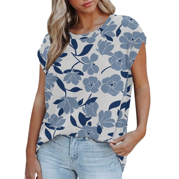 Gibobby Blusa de Trabajo de Manga Corta Blusa informal manga corta con hombros descubiertos para mujer, camiseta tipo túnica con estampado básico para exte(Azul,G)