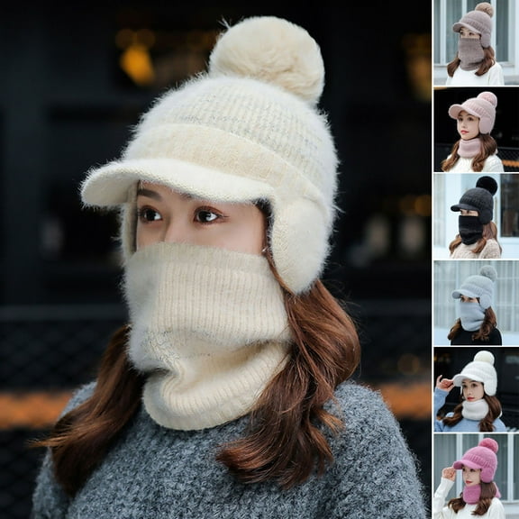 Yirtree Womenās Winter Hats Knit Fleece Lined Ear Flaps Beanie Hat with Pompom Scarf Mask Set Warm Soft Slouchy Skull Cap
