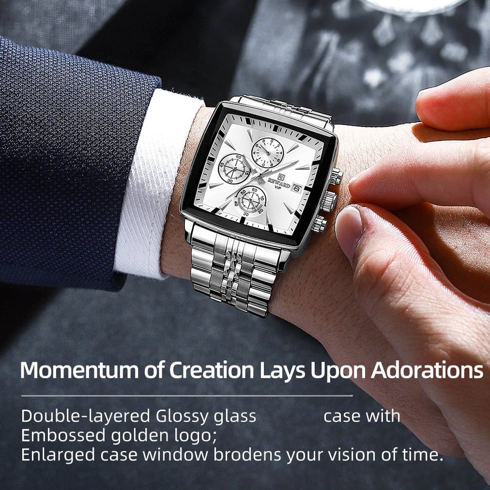 Square Watches for Men Silvery Stainless Steel Chronograph Fashion Business Watch Luminous Waterproof Casual Wrist Watches