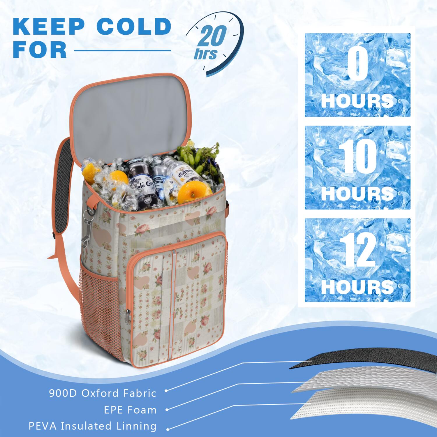 Travel Cooler Bag - Pioneer Flower Floral Print Pattern Camping Beer Cooler Backpack with Bottle Opener- Waterproof Insulated Picnic Backpacks - Cooler Bag for Beach