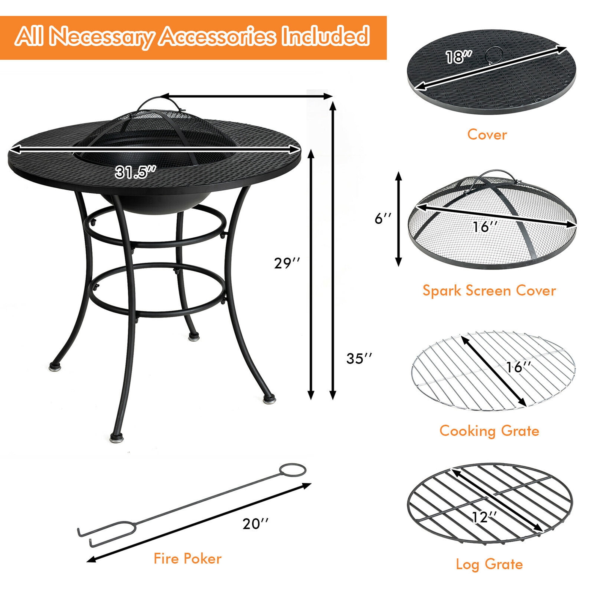 Gymax Fashion 31.5'' Patio Fire Pit Dining Table Charcoal Wood Burning W/ Cooking BBQ Grate