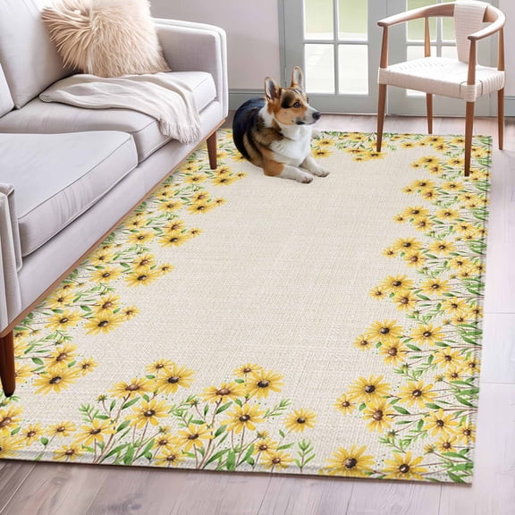 Area Rugs for Living Room Bedroom, Yellow Daisy 4'x6' Rug Washable Carpet Runner Indoor Outdoor, Spring Summer Rustic Garden Floral Blossom Non Slip Accent Floor Mats Rug for Kitchen, Office