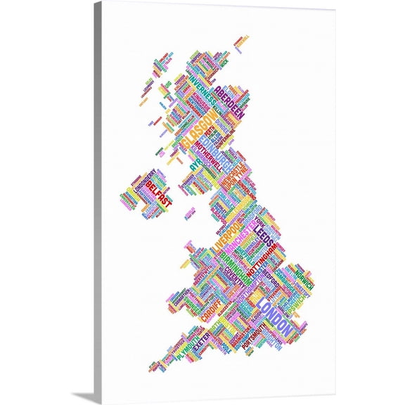 Great BIG Canvas | "Great Britain UK City Text Map, Diagonal Text, White Background" Canvas Wall Art - 24x36