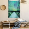thumbnail image 2 of Aurora Borealis Tapestry, Long Mystic Sky over Bridge in Snowy Arctic Frozen River Image, Wall Hanging for Bedroom Living Room Dorm Decor, 60W X 80L Inches, Lime Green Petrol Blue, by Ambesonne, 2 of 5