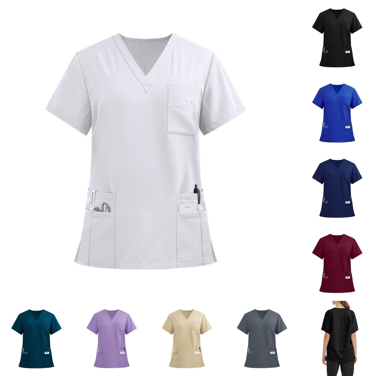 Domuza Women's Scrub Tops Casual Soft Stretchy Short Sleeve V Neck Tee Shirts Breathable Comfortable Nurse Uniforms Blouses with Multiple Pocket White M