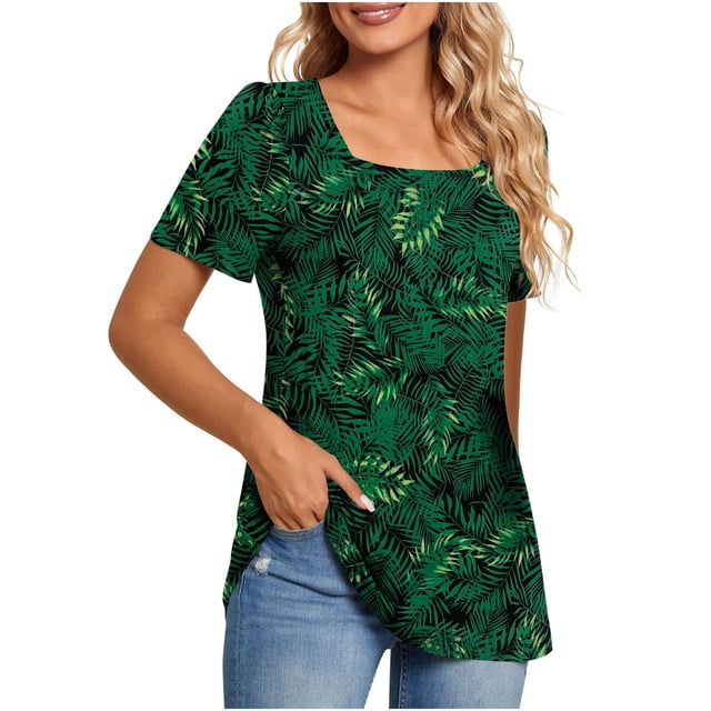 Camisetas informales de verano para mujer, cuello cuadrado, manga corta, túnica, blusas sueltas y cómodas OAVQHLG3B Store lin121212