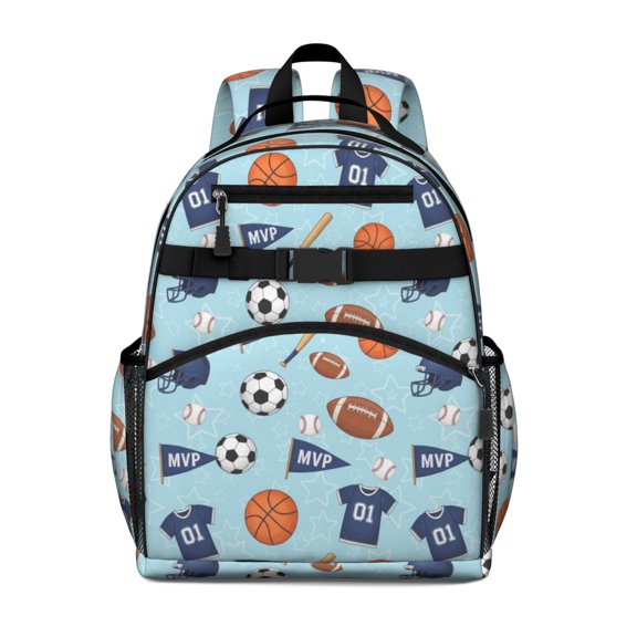 Football and Basketball Lightblue Pattern Cute School Backpack Bag for School with Padded Back and Adjustable Shoulder Straps 15.25"x11.5"x5.25"